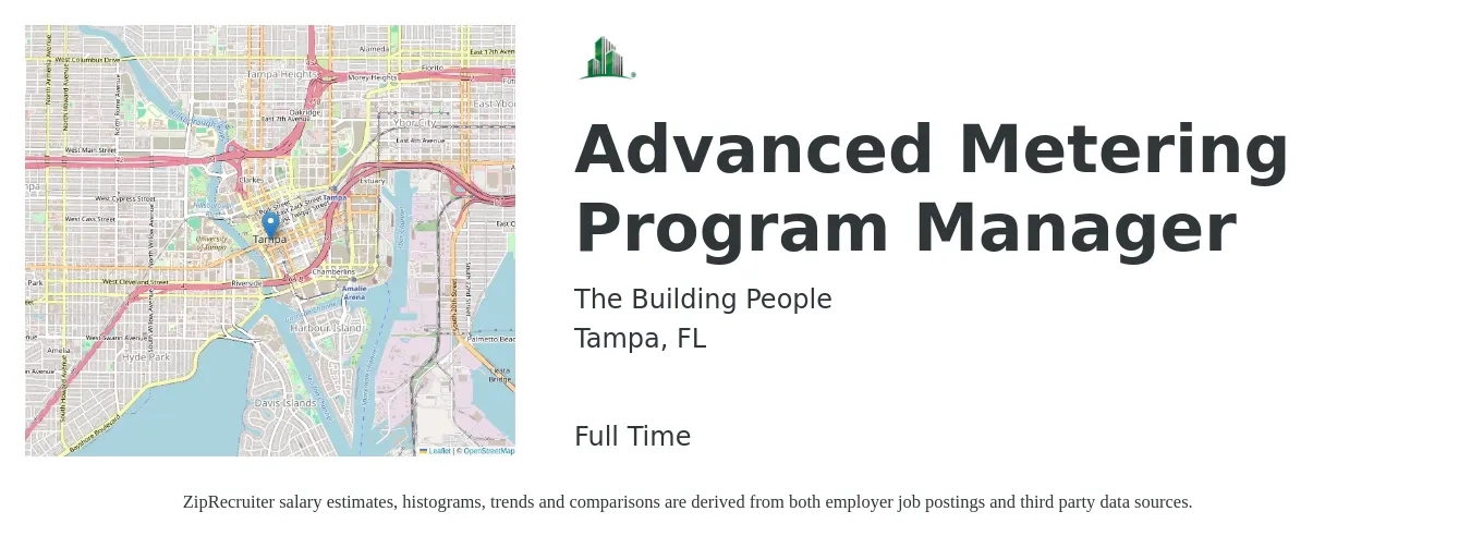 The Building People job posting for a Advanced Metering Program Manager in Tampa, FL with a salary of $75,100 to $125,200 Yearly with a map of Tampa location.
