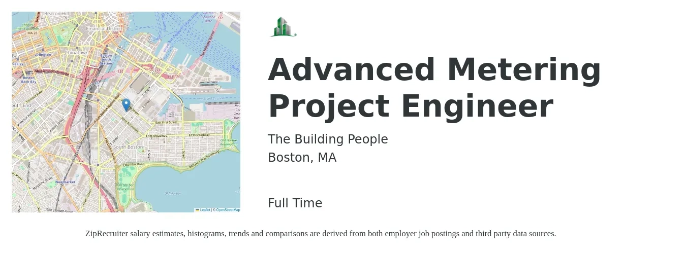 The Building People job posting for a Advanced Metering Project Engineer in Boston, MA with a salary of $80,100 to $112,100 Yearly with a map of Boston location.
