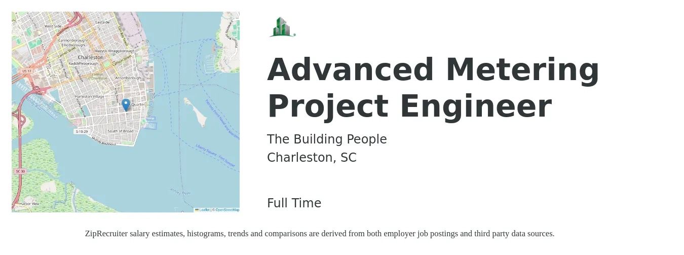 The Building People job posting for a Advanced Metering Project Engineer in Charleston, SC with a salary of $63,300 to $88,500 Yearly with a map of Charleston location.