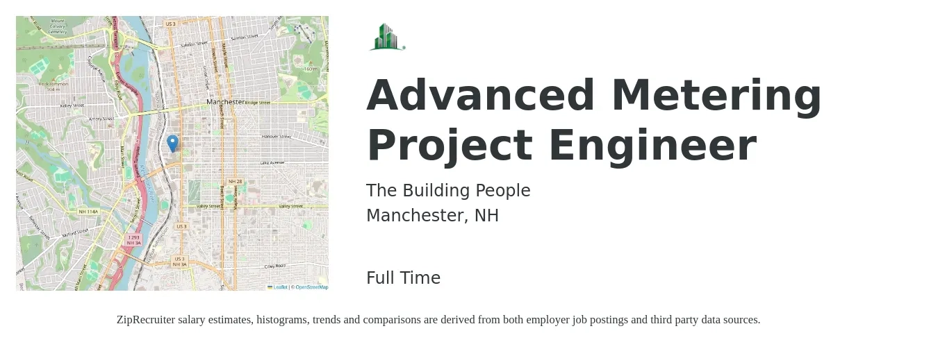 The Building People job posting for a Advanced Metering Project Engineer in Manchester, NH with a salary of $73,700 to $103,100 Yearly with a map of Manchester location.