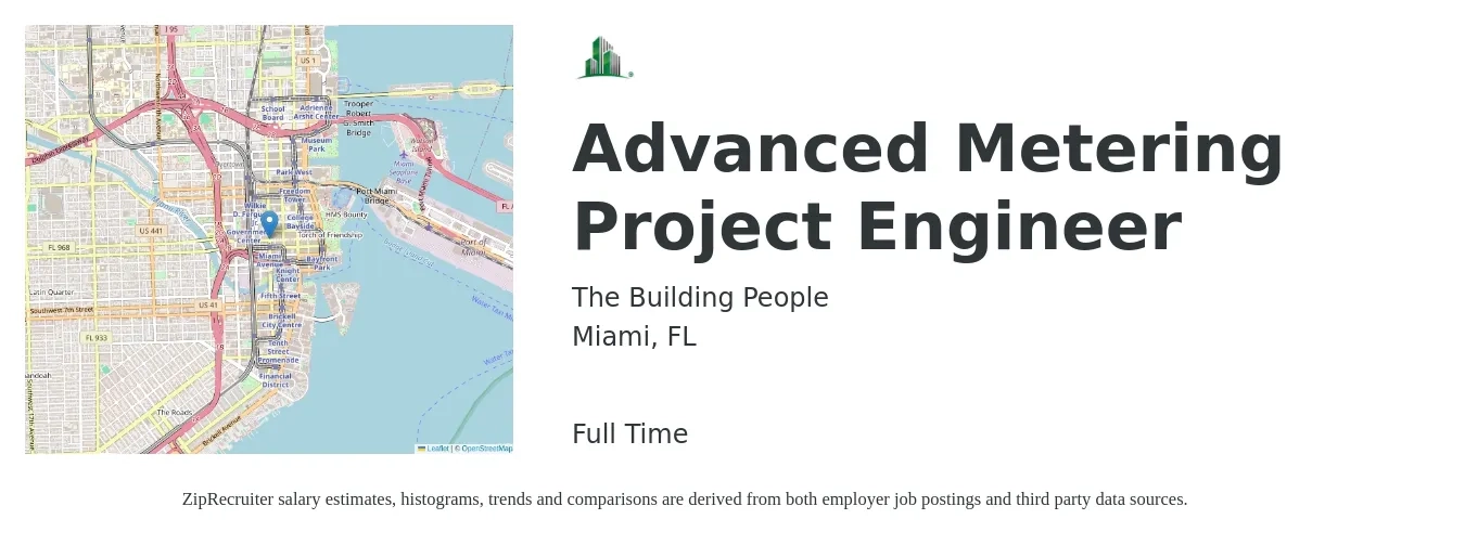 The Building People job posting for a Advanced Metering Project Engineer in Miami, FL with a salary of $70,800 to $99,000 Yearly with a map of Miami location.