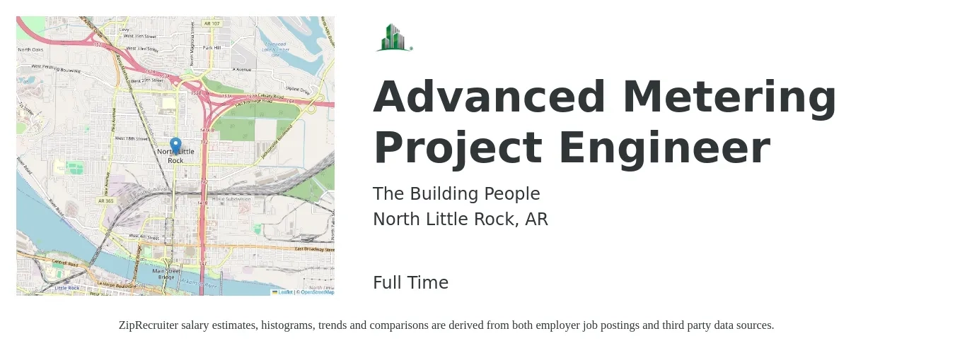 The Building People job posting for a Advanced Metering Project Engineer in North Little Rock, AR with a salary of $70,600 to $98,800 Yearly with a map of North Little Rock location.
