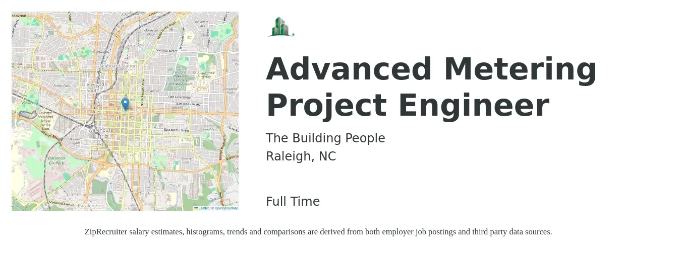 The Building People job posting for a Advanced Metering Project Engineer in Raleigh, NC with a salary of $71,900 to $100,600 Yearly with a map of Raleigh location.