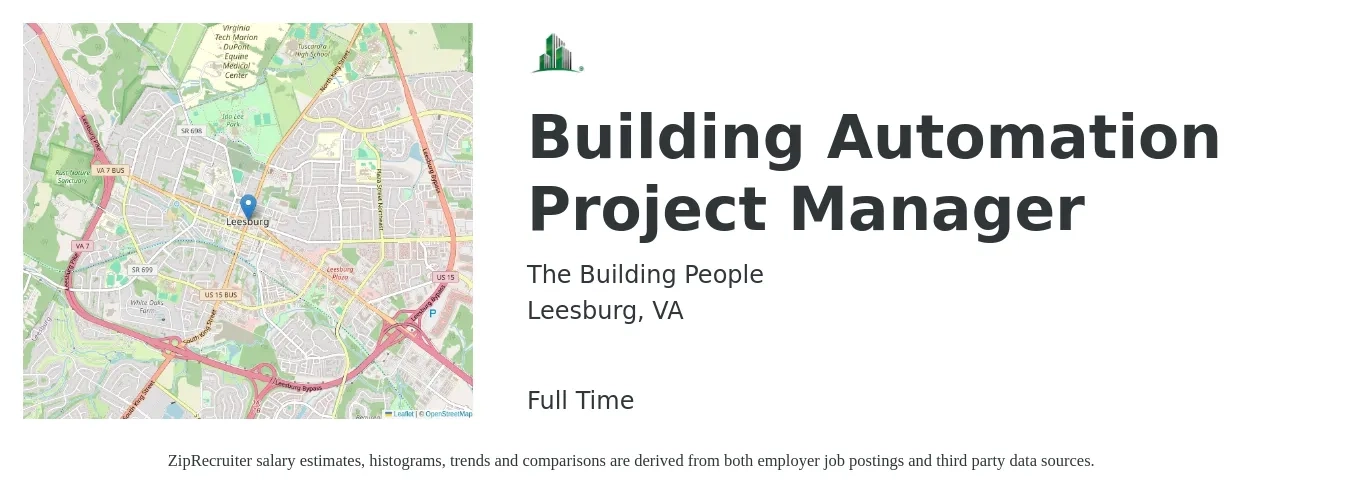 The Building People job posting for a Building Automation Project Manager in Leesburg, VA with a salary of $96,100 to $125,900 Yearly with a map of Leesburg location.