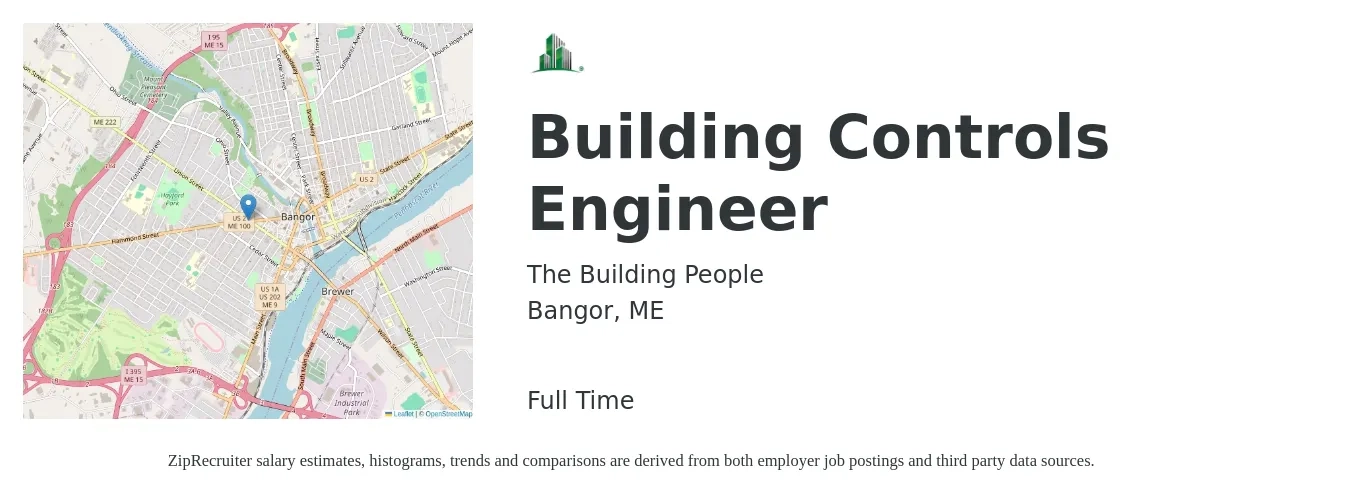 The Building People job posting for a Building Controls Engineer in Bangor, ME with a salary of $84,900 to $109,800 Yearly with a map of Bangor location.