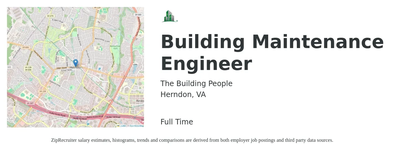 The Building People job posting for a Building Maintenance Engineer in Herndon, VA with a salary of $19 to $32 Hourly with a map of Herndon location.