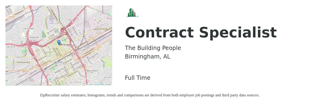 The Building People job posting for a Contract Specialist in Birmingham, AL with a salary of $53,400 to $92,300 Yearly with a map of Birmingham location.