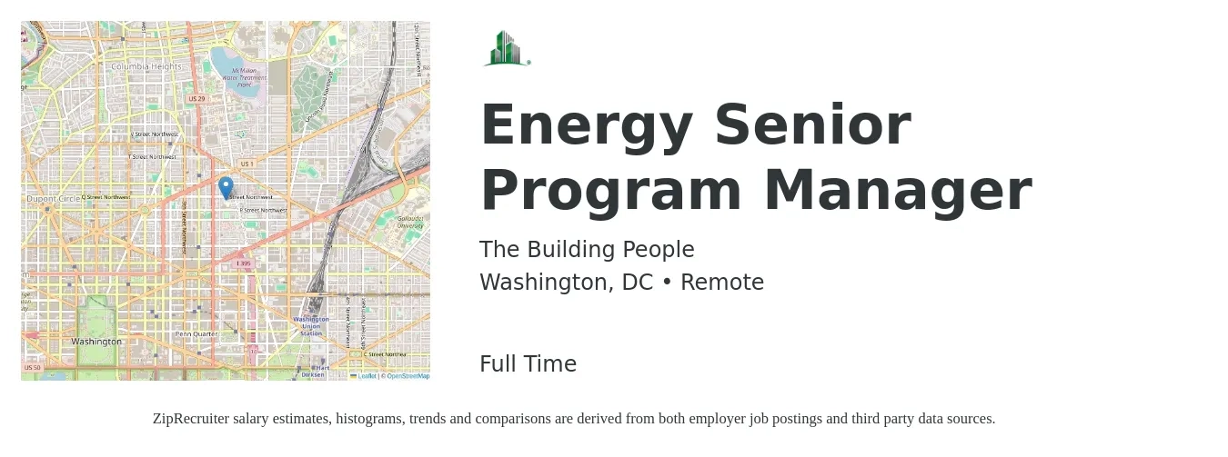 The Building People job posting for a Energy Senior Program Manager in Washington, DC with a salary of $131,400 to $131,900 Yearly with a map of Washington location.