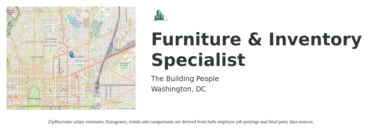 The Building People job posting for a Furniture & Inventory Specialist in Washington, DC with a salary of $61,200 to $88,900 Yearly with a map of Washington location.