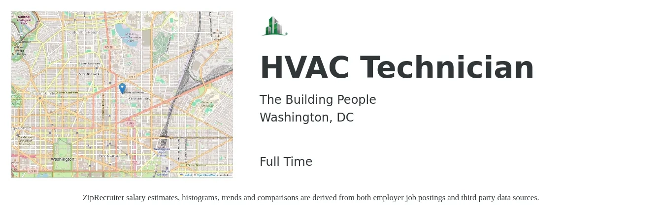 The Building People job posting for a HVAC Technician in Washington, DC with a salary of $26 to $38 Hourly with a map of Washington location.