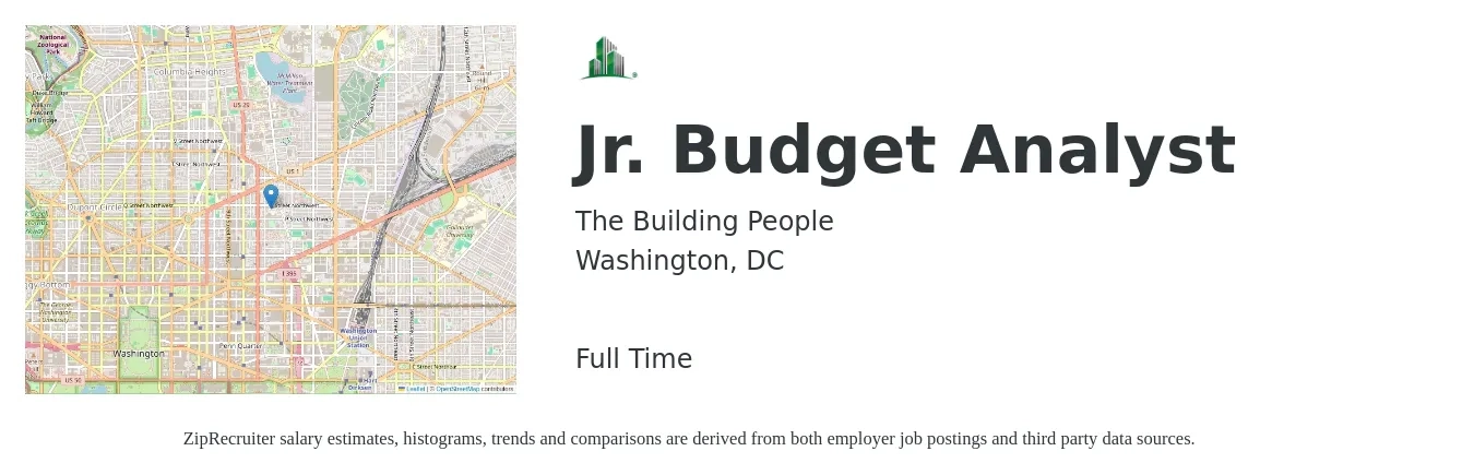 The Building People job posting for a Jr. Budget Analyst in Washington, DC with a salary of $24 to $36 Hourly with a map of Washington location.