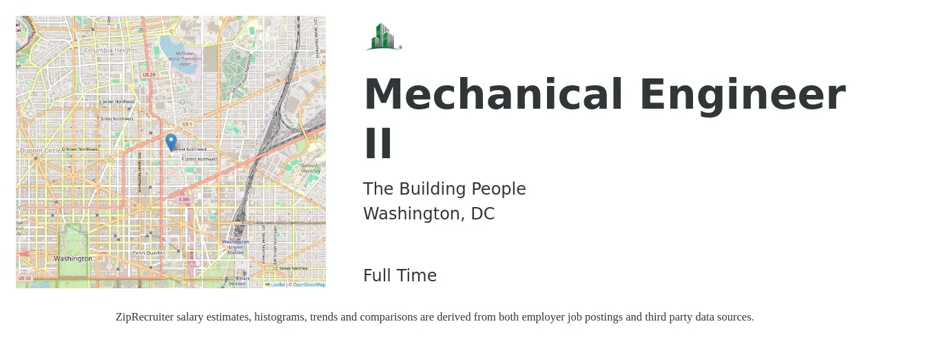 The Building People job posting for a Mechanical Engineer II in Washington, DC with a salary of $92,300 to $143,300 Yearly with a map of Washington location.