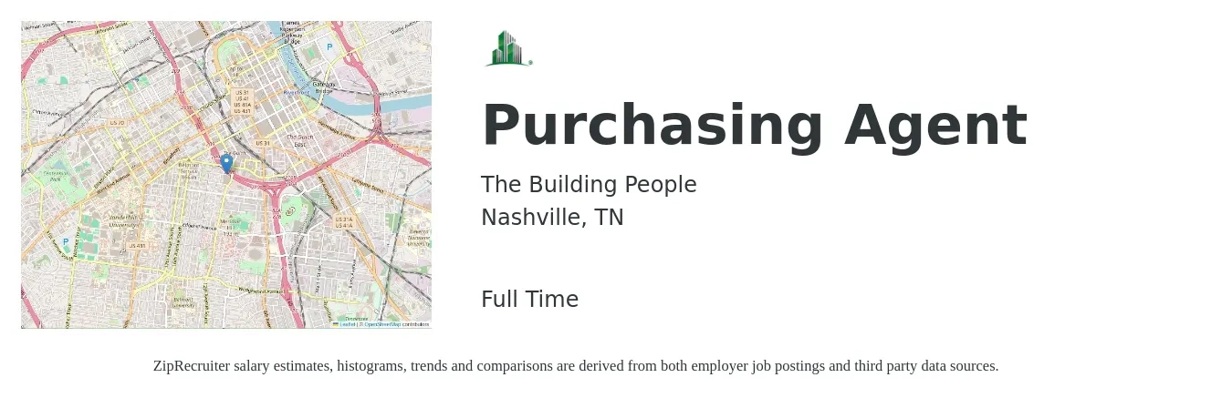 The Building People job posting for a Purchasing Agent in Nashville, TN with a salary of $41,500 to $58,000 Yearly with a map of Nashville location.