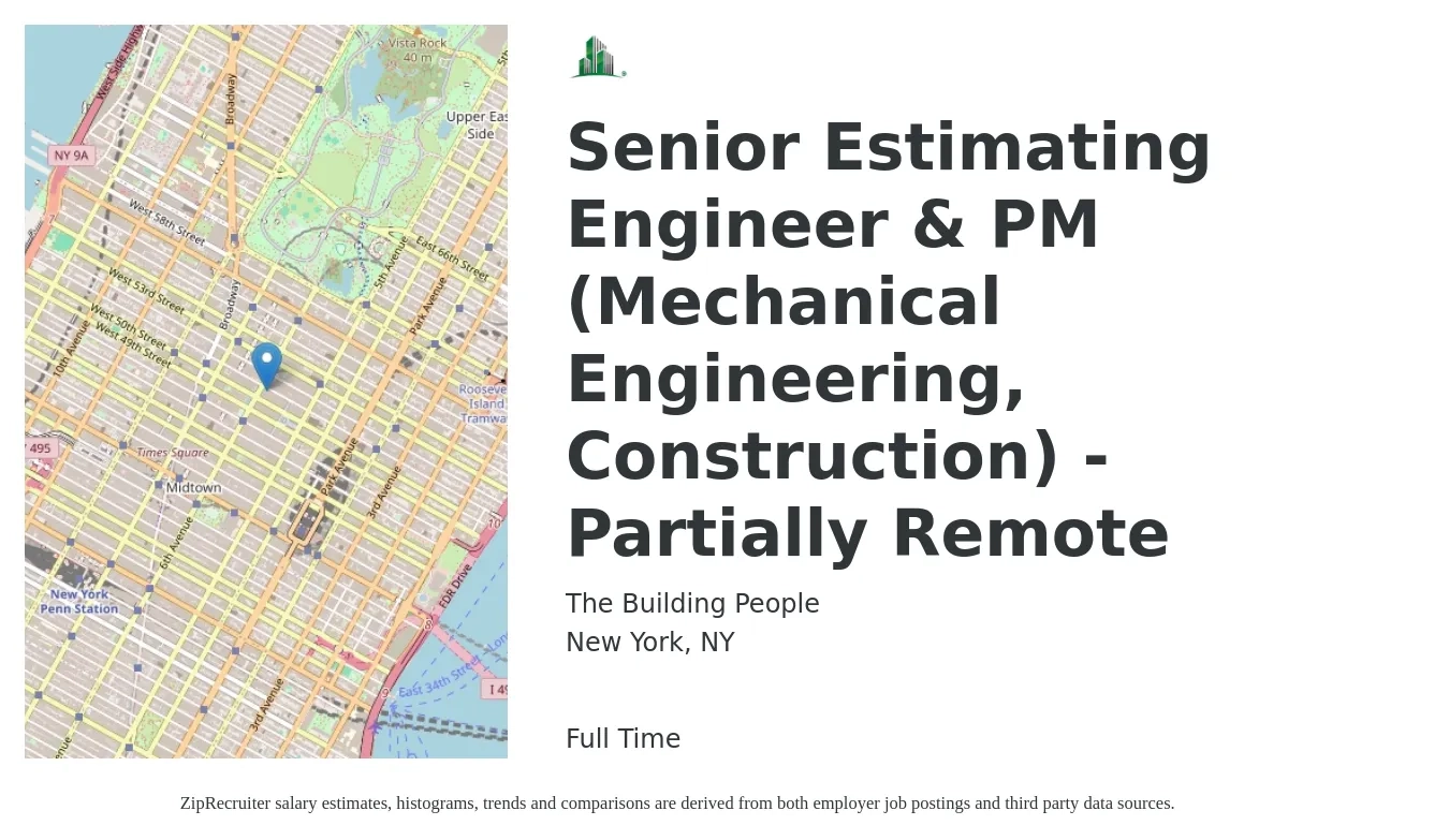 The Building People job posting for a Senior Estimating Engineer & PM (Mechanical Engineering, Construction) - Partially Remote in New York, NY with a salary of $113,000 to $155,200 Yearly with a map of New York location.