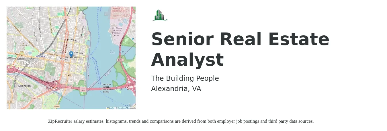 The Building People job posting for a Senior Real Estate Analyst in Alexandria, VA with a salary of $77,900 to $106,800 Yearly with a map of Alexandria location.