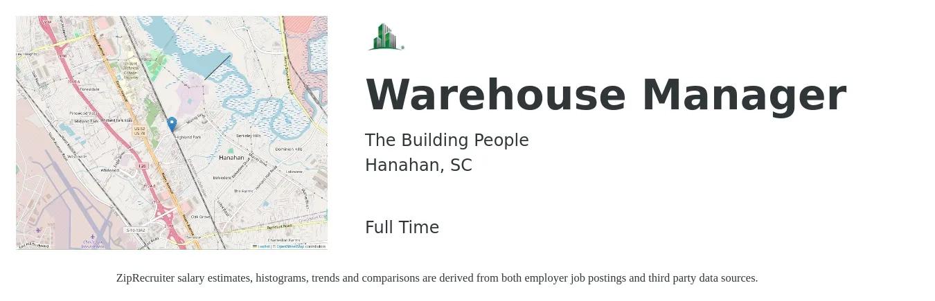 The Building People job posting for a Warehouse Manager in Hanahan, SC with a salary of $42,100 to $59,700 Yearly with a map of Hanahan location.