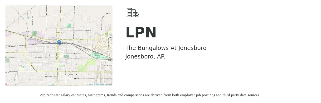 The Bungalows At Jonesboro job posting for a LPN in Jonesboro, AR with a salary of $26 to $35 Hourly with a map of Jonesboro location.