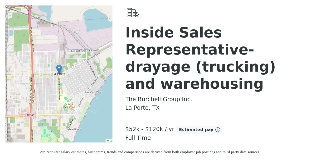 The Burchell Group Inc. job posting for a Inside Sales Representative-drayage (trucking) and warehousing in La Porte, TX with a salary of $52,000 to $120,000 Yearly with a map of La Porte location.
