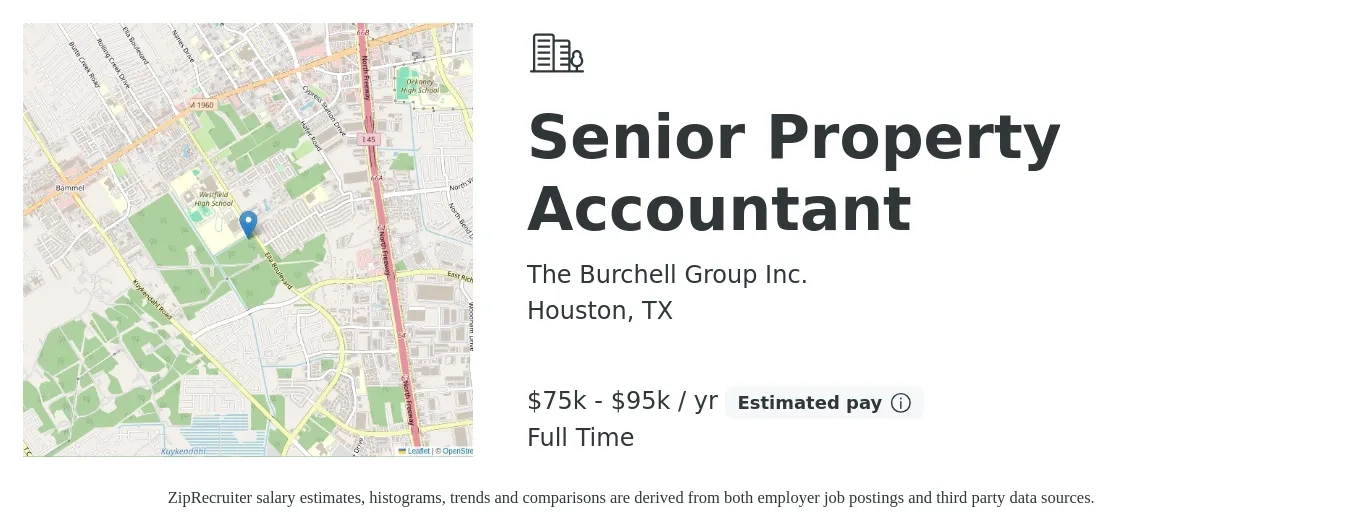 The Burchell Group Inc. job posting for a Senior Property Accountant in Houston, TX with a salary of $75,000 to $95,000 Yearly with a map of Houston location.