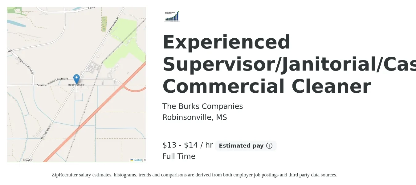 The Burks Companies job posting for a Experienced Supervisor/Janitorial/Casino/Experienced Commercial Cleaner in Robinsonville, MS with a salary of $14 to $15 Hourly with a map of Robinsonville location.