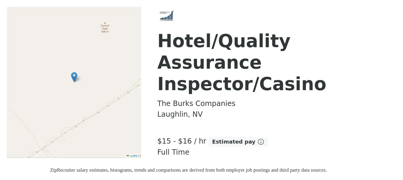 The Burks Companies job posting for a Hotel/Quality Assurance Inspector/Casino in Laughlin, NV with a salary of $16 to $17 Hourly with a map of Laughlin location.