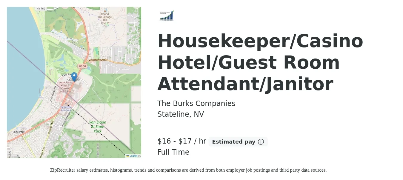 The Burks Companies job posting for a Housekeeper/Casino Hotel/Guest Room Attendant/Janitor in Stateline, NV with a salary of $18 to $18 Hourly with a map of Stateline location.