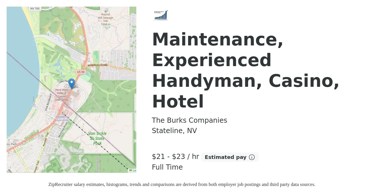 The Burks Companies job posting for a Maintenance, Experienced Handyman, Casino, Hotel in Stateline, NV with a salary of $22 to $24 Hourly with a map of Stateline location.