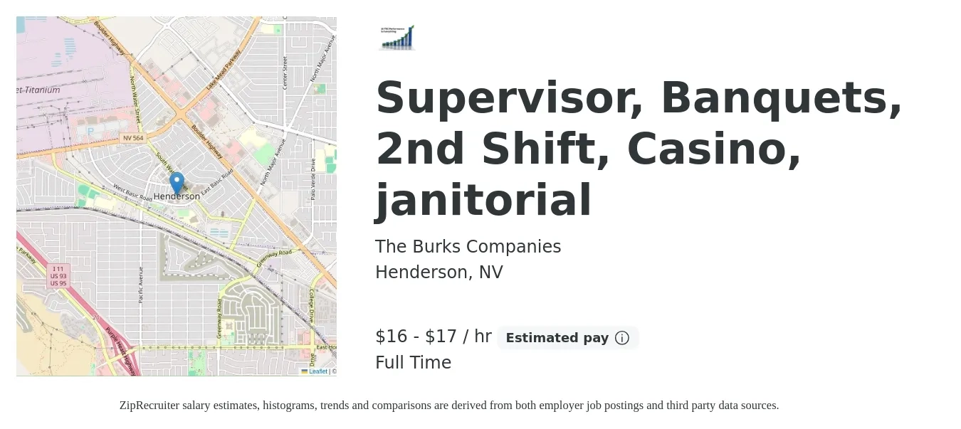 The Burks Companies job posting for a Supervisor, Banquets, 2nd Shift, Casino, janitorial in Henderson, NV with a salary of $17 to $18 Hourly with a map of Henderson location.