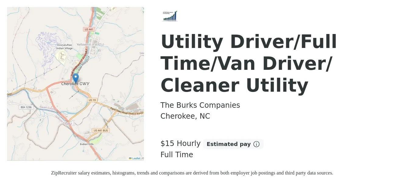 The Burks Companies job posting for a Utility Driver/Full Time/Van Driver/ Cleaner Utility in Cherokee, NC with a salary of $16 to $16 Hourly with a map of Cherokee location.