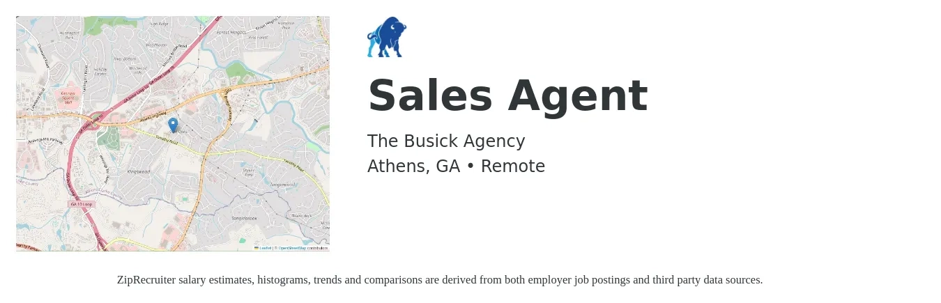 The Busick Agency job posting for a Sales Agent in Athens, GA with a salary of $33,800 to $91,700 Yearly with a map of Athens location.