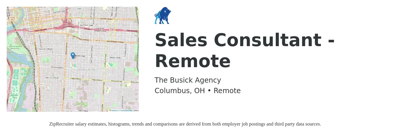 The Busick Agency job posting for a Sales Consultant - Remote in Columbus, OH with a salary of $39,100 to $76,800 Yearly with a map of Columbus location.