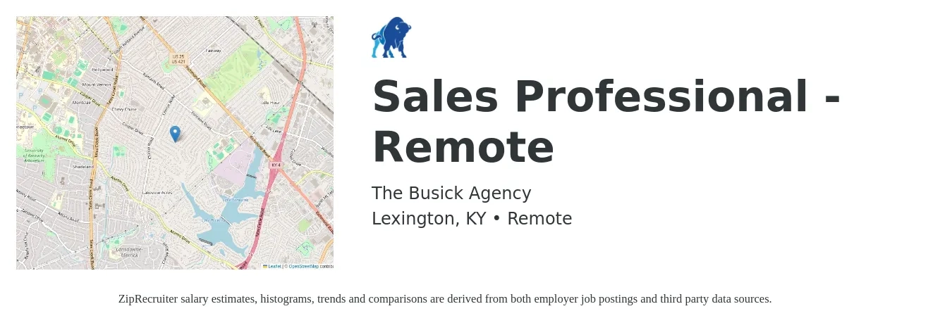 The Busick Agency job posting for a Sales Professional - Remote in Lexington, KY with a salary of $52,700 to $95,900 Yearly with a map of Lexington location.