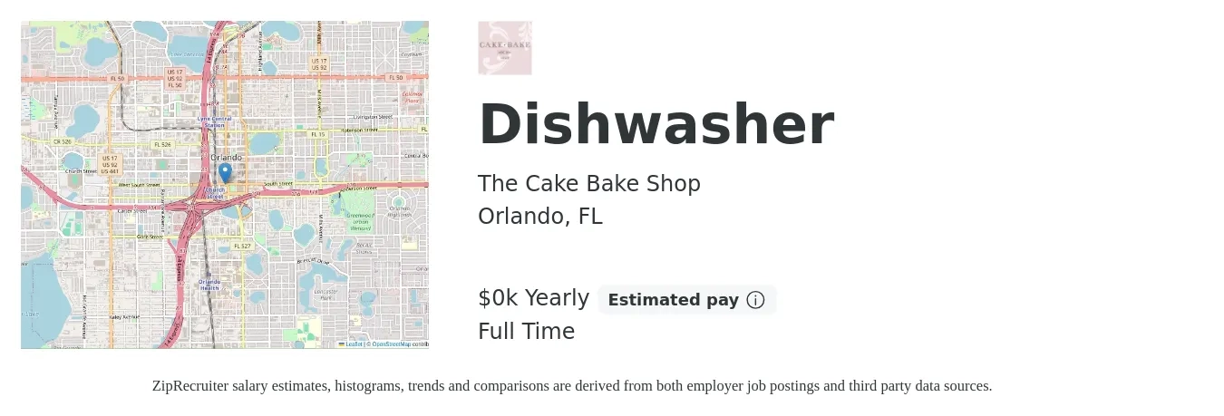 The Cake Bake Shop job posting for a Dishwasher in Orlando, FL with a salary of $16 to $20 Yearly with a map of Orlando location.