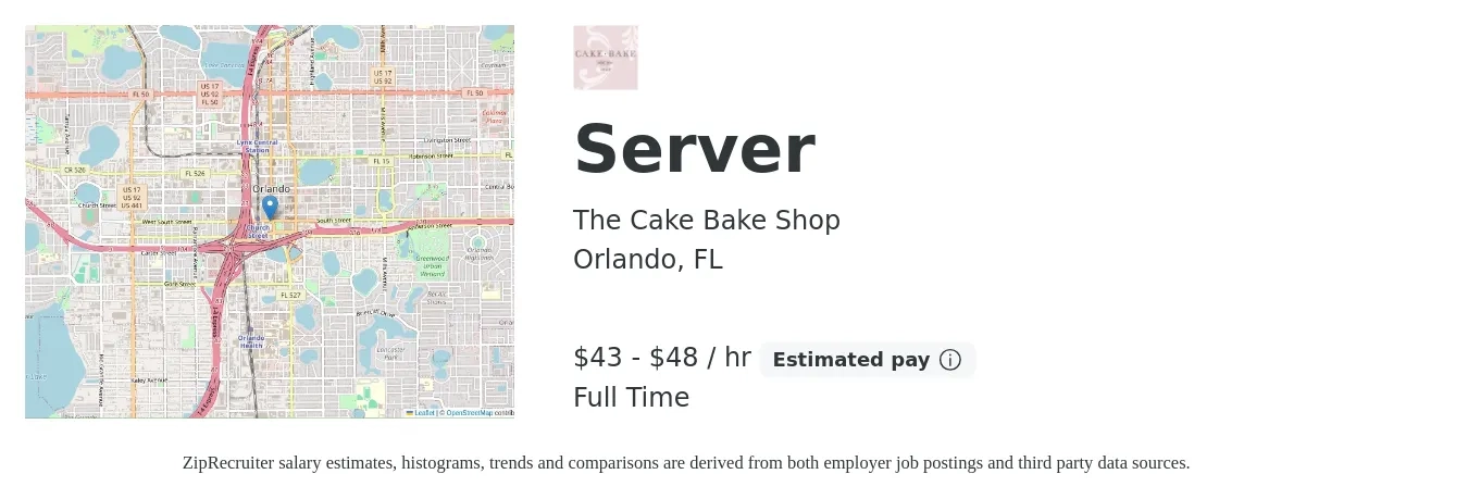 The Cake Bake Shop job posting for a Server in Orlando, FL with a salary of $45 to $50 Hourly with a map of Orlando location.