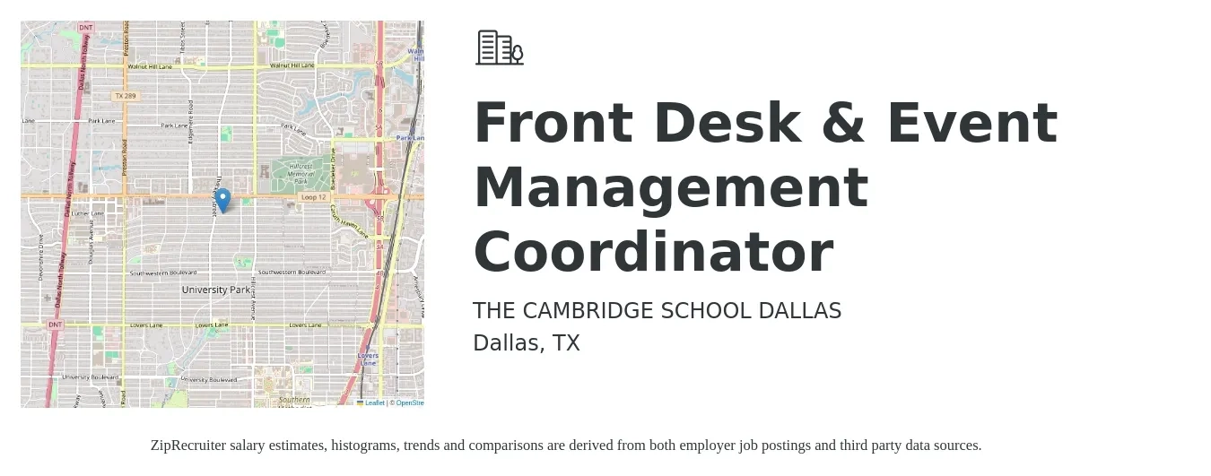 THE CAMBRIDGE SCHOOL DALLAS job posting for a Front Desk & Event Management Coordinator in Dallas, TX with a salary of $16 to $21 Hourly with a map of Dallas location.