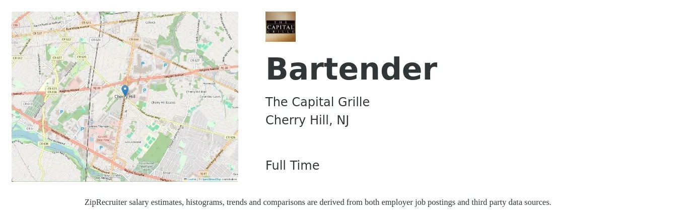 The Capital Grille job posting for a Bartender in Cherry Hill, NJ with a salary of $10 to $18 Hourly with a map of Cherry Hill location.