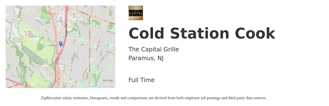 The Capital Grille job posting for a Cold Station Cook in Paramus, NJ with a salary of $15 to $19 Hourly with a map of Paramus location.