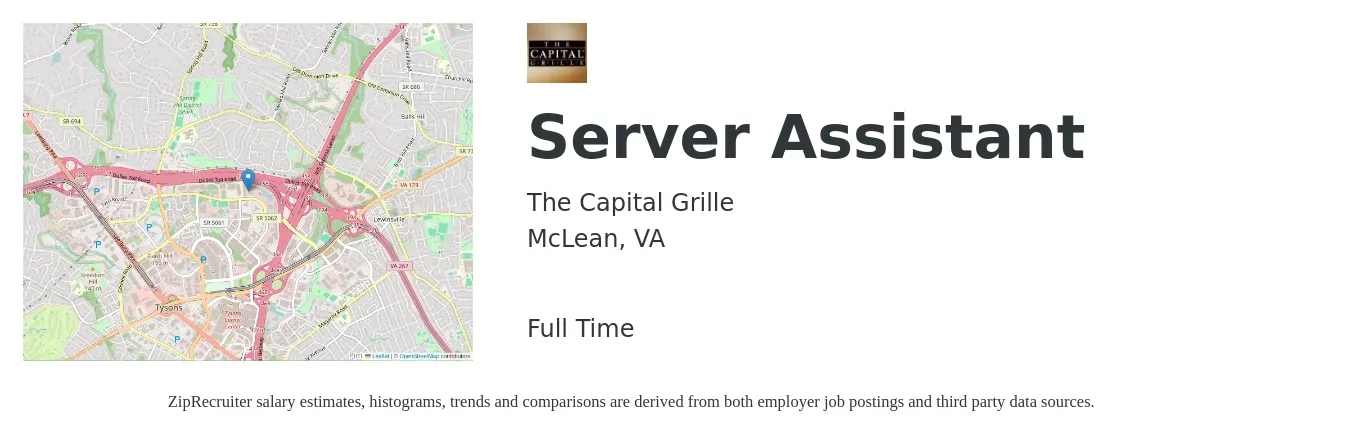 The Capital Grille job posting for a Server Assistant in McLean, VA with a salary of $10 to $16 Hourly with a map of McLean location.