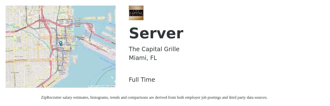 The Capital Grille job posting for a Server in Miami, FL with a salary of $10 to $17 Hourly with a map of Miami location.