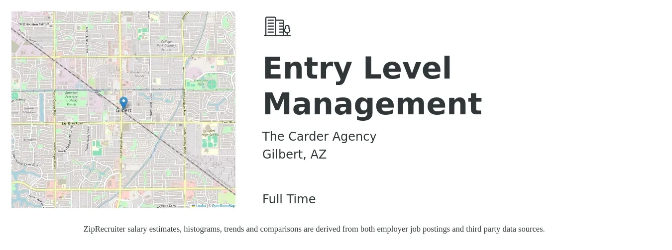 The Carder Agency job posting for a Entry Level Management in Gilbert, AZ with a salary of $39,200 to $50,400 Yearly with a map of Gilbert location.
