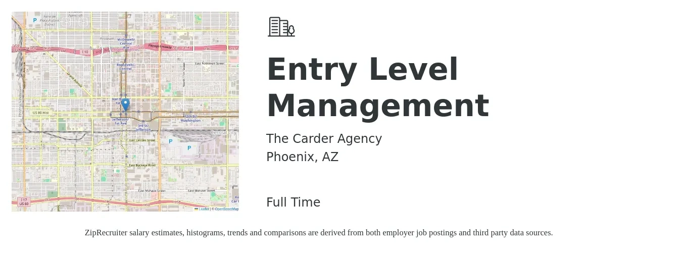 The Carder Agency job posting for a Entry Level Management in Phoenix, AZ with a salary of $39,300 to $50,400 Yearly with a map of Phoenix location.