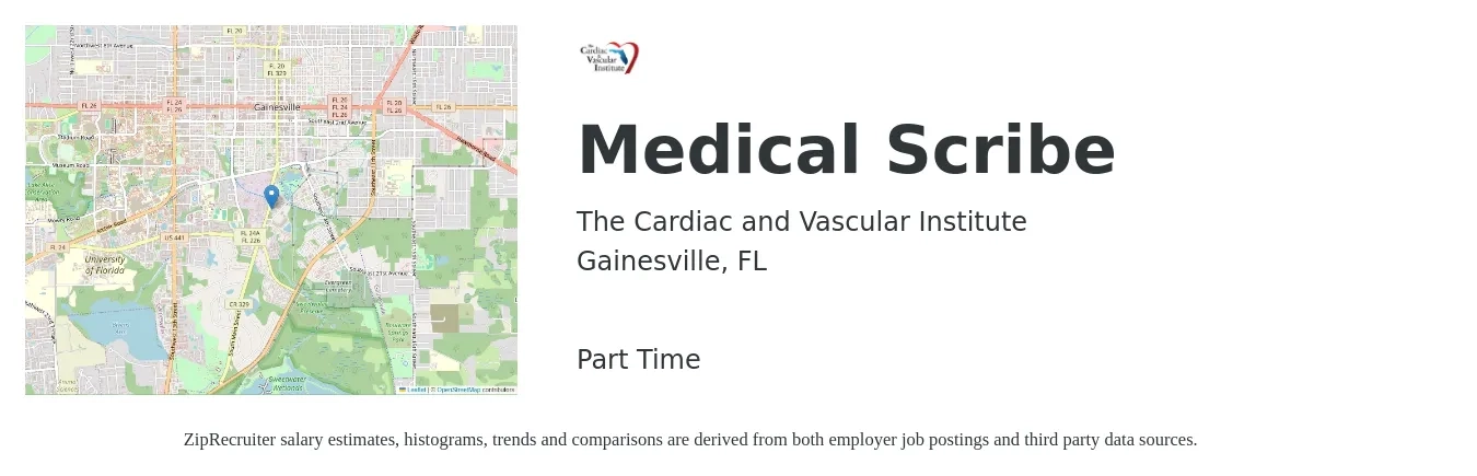 The Cardiac and Vascular Institute job posting for a Medical Scribe in Gainesville, FL with a salary of $14 to $19 Hourly with a map of Gainesville location.
