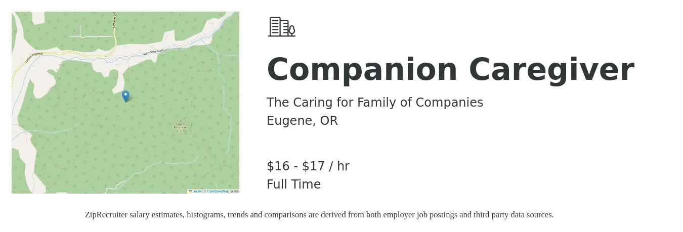 The Caring for Family of Companies job posting for a Companion Caregiver in Eugene, OR with a salary of $17 to $18 Hourly with a map of Eugene location.