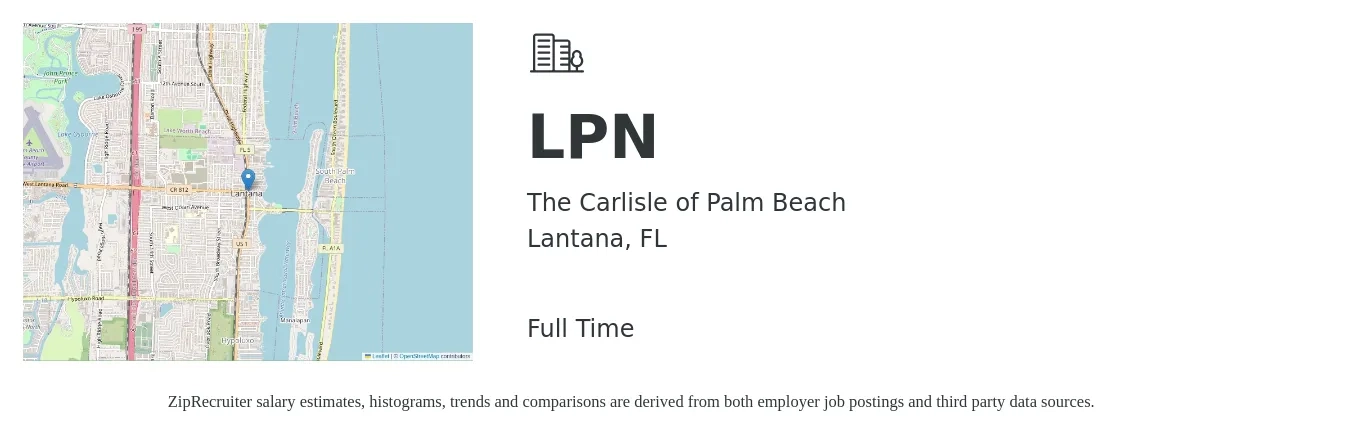 The Carlisle of Palm Beach job posting for a LPN in Lantana, FL with a salary of $23 to $31 Hourly with a map of Lantana location.