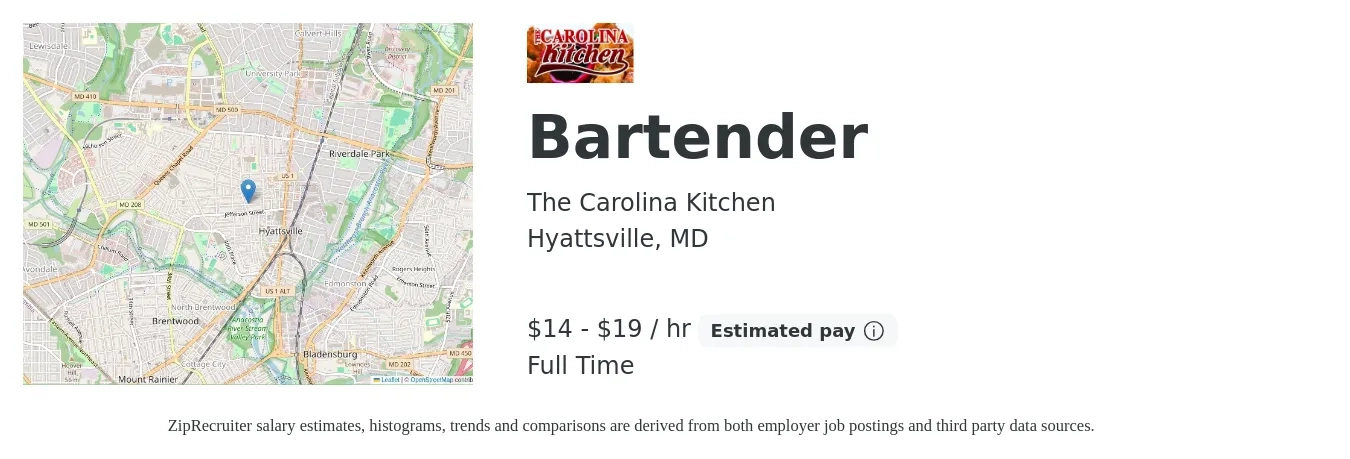 The Carolina Kitchen job posting for a Bartender in Hyattsville, MD with a salary of $16 to $20 Hourly (plus commission) with a map of Hyattsville location.