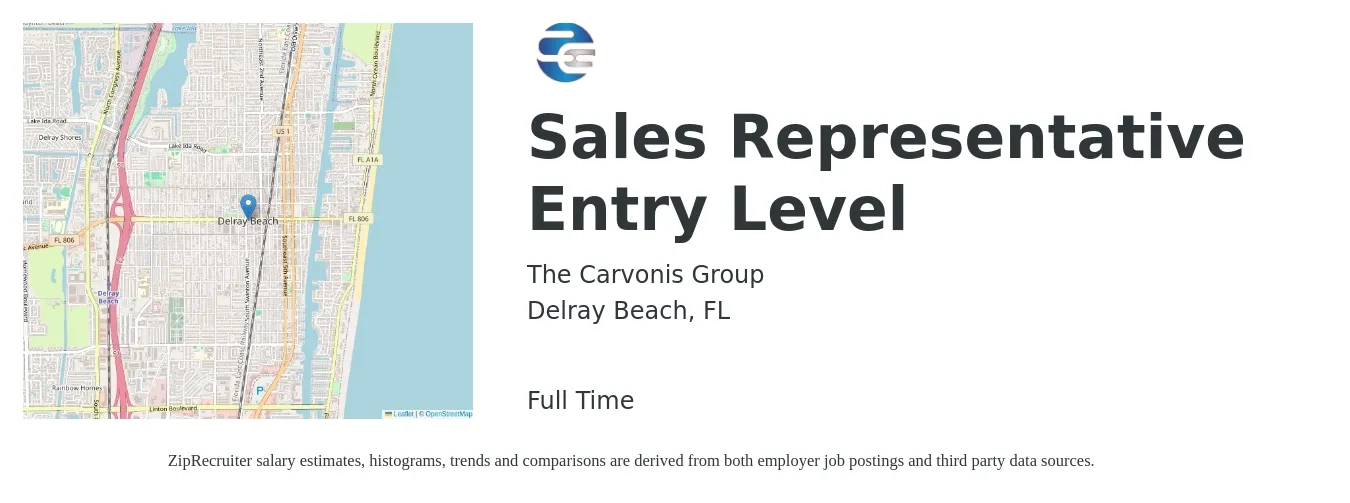 The Carvonis Group job posting for a Sales Representative Entry Level in Delray Beach, FL with a salary of $3,750 to $5,000 Monthly with a map of Delray Beach location.