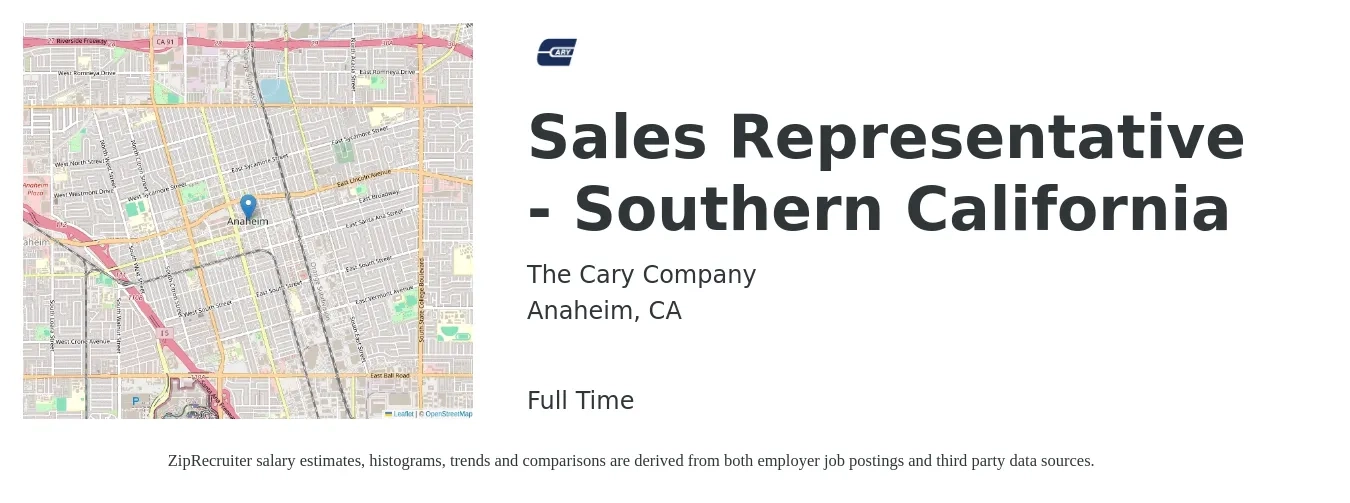 The Cary Company job posting for a Sales Representative - Southern California in Anaheim, CA with a salary of $20,000 Monthly with a map of Anaheim location.