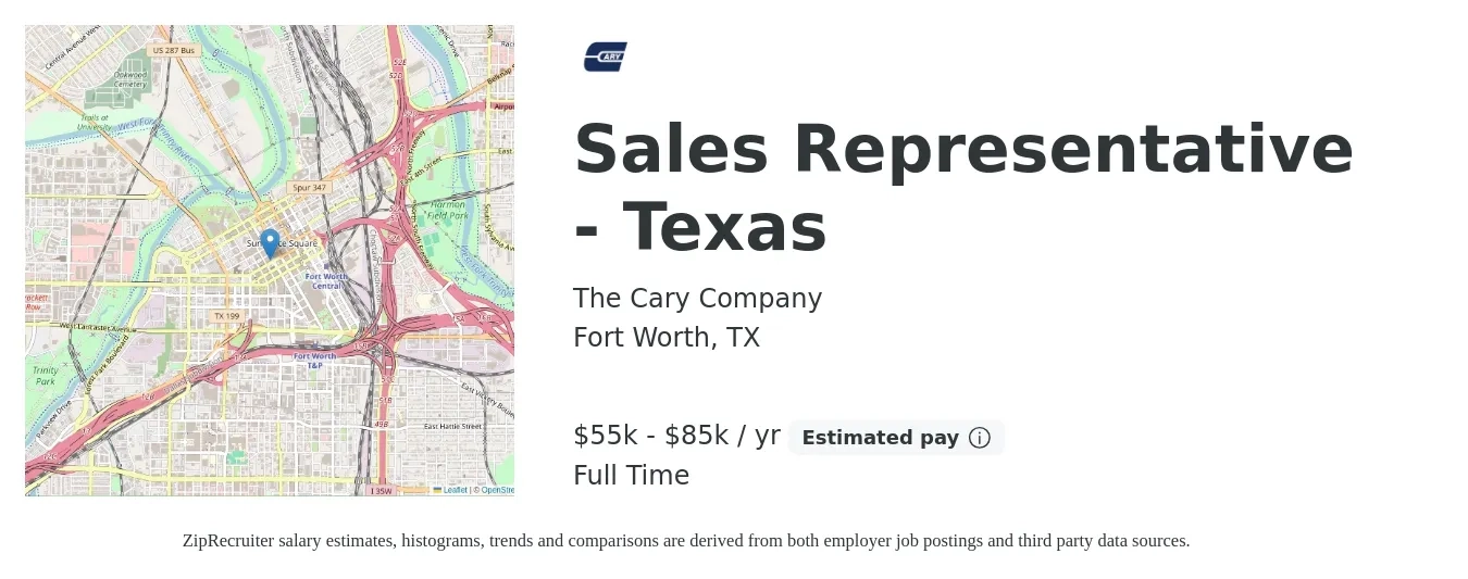 The Cary Company job posting for a Sales Representative - Texas in Fort Worth, TX with a salary of $55,000 to $85,000 Yearly with a map of Fort Worth location.