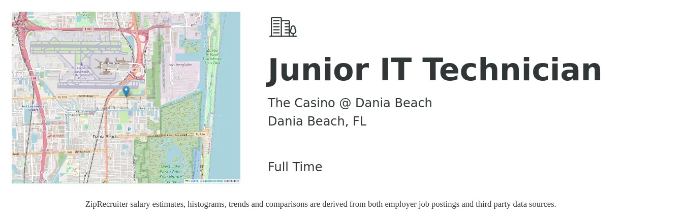 The Casino @ Dania Beach job posting for a Junior IT Technician in Dania Beach, FL with a salary of $20 to $29 Hourly with a map of Dania Beach location.