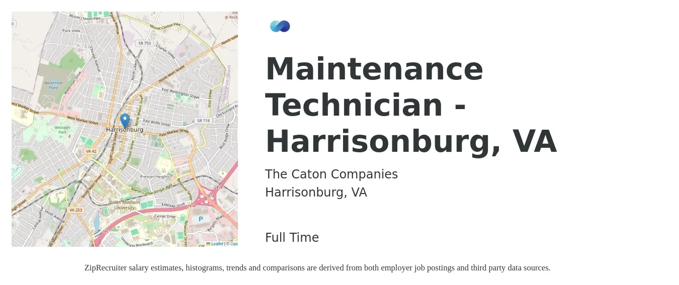 The Caton Companies job posting for a Maintenance Technician - Harrisonburg, VA in Harrisonburg, VA with a salary of $18 to $25 Hourly with a map of Harrisonburg location.